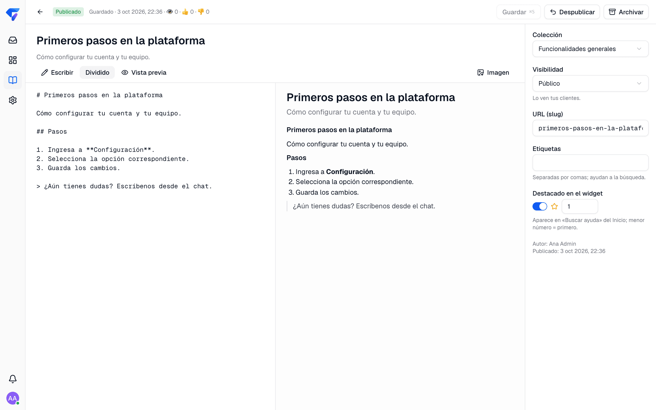 Editor de artículos de la base de conocimientos de TickFlow